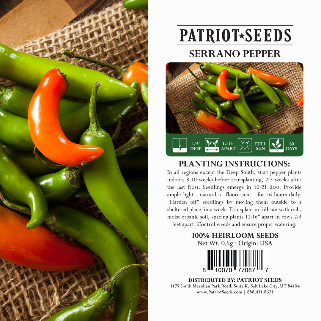 Patriot Seeds Heirloom Serrano Hot Pepper Seeds (.5g)